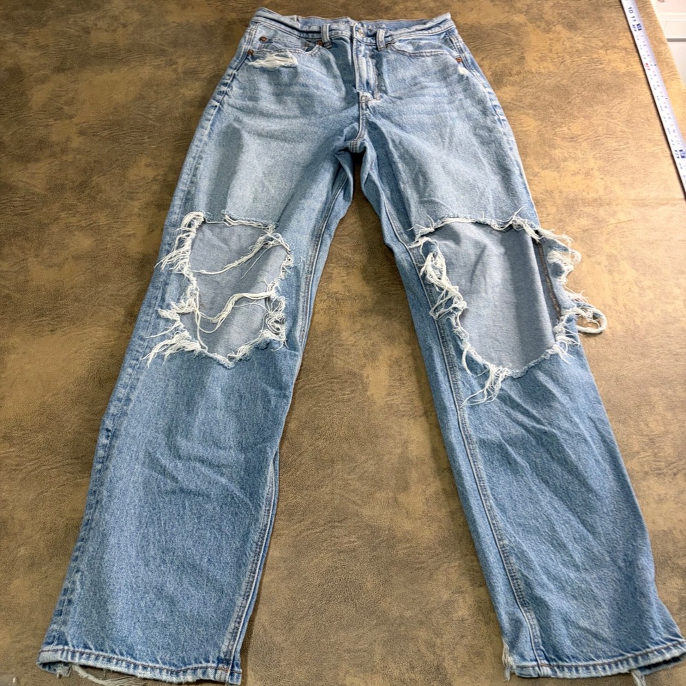 American Eagle Jeans Womens 6 Blue Highest Rise‎ Baggy Straight Distressed 3055